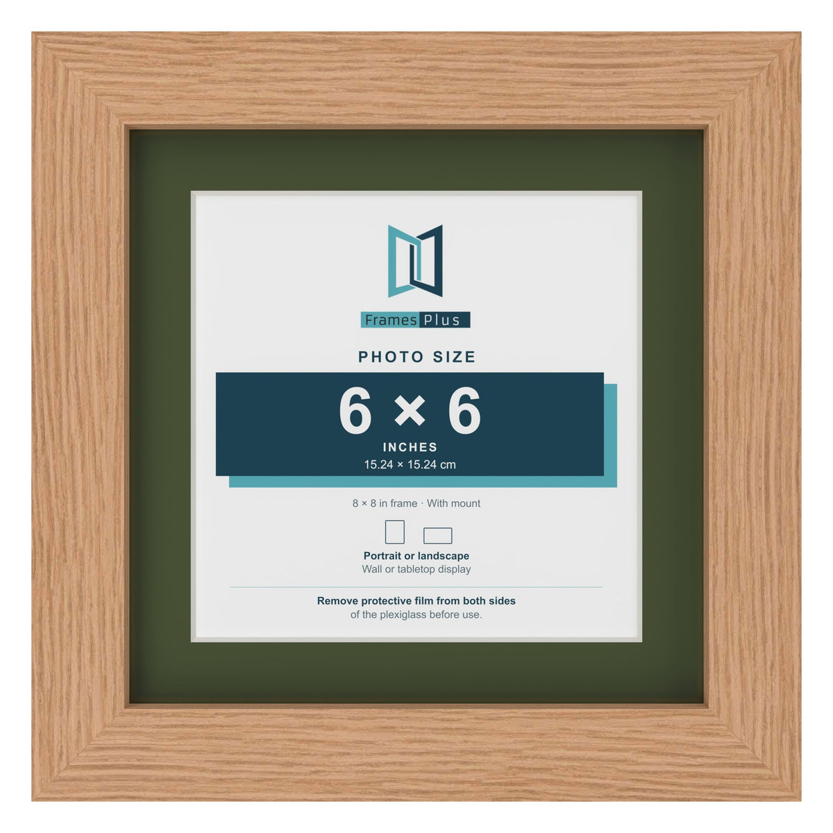 Oak 8 x 8 inch picture frame with a green mount for a 6 x 6 inch photo
