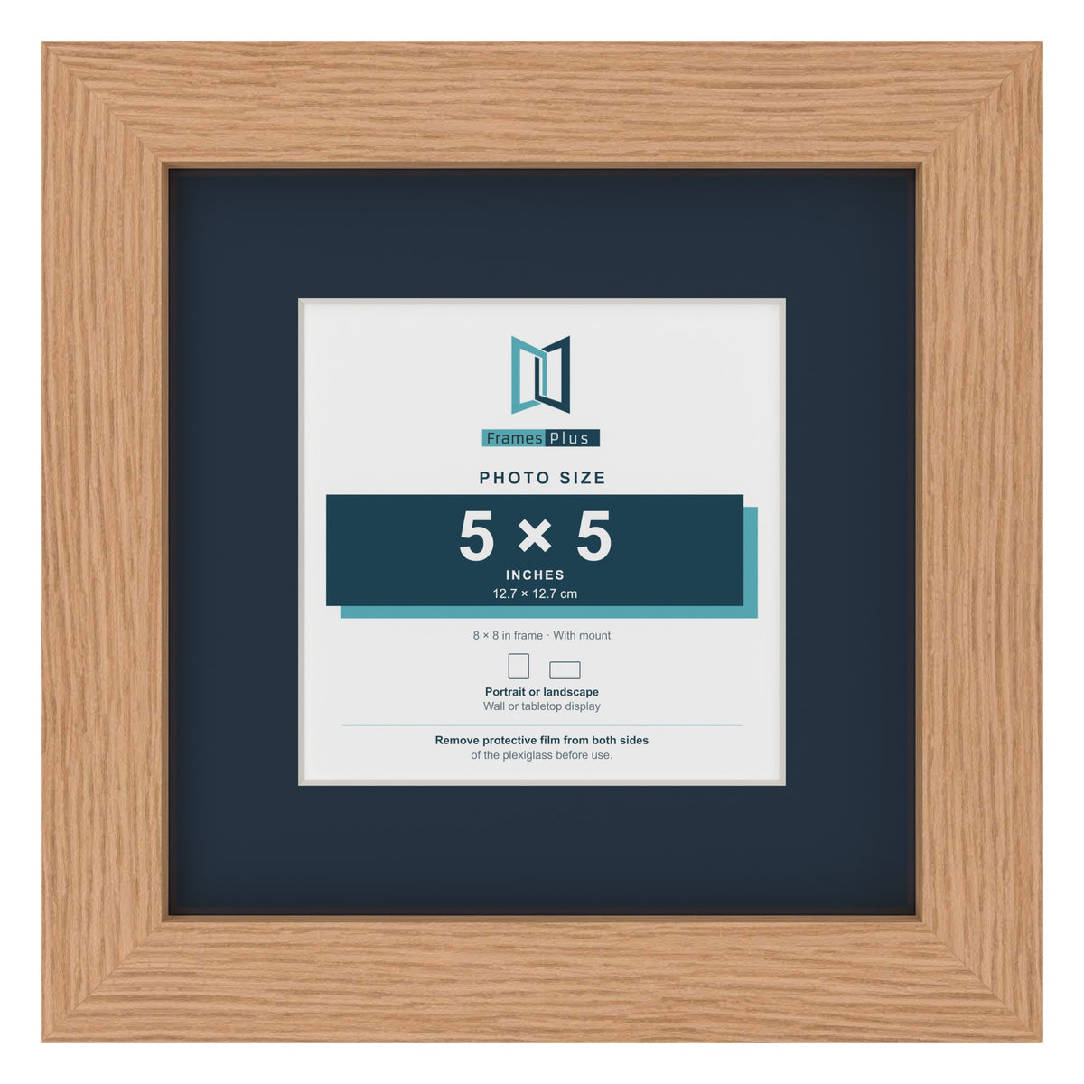Oak 8 x 8 inch picture frame with a Pacific Blue mount for a 5 x 5 inch photo