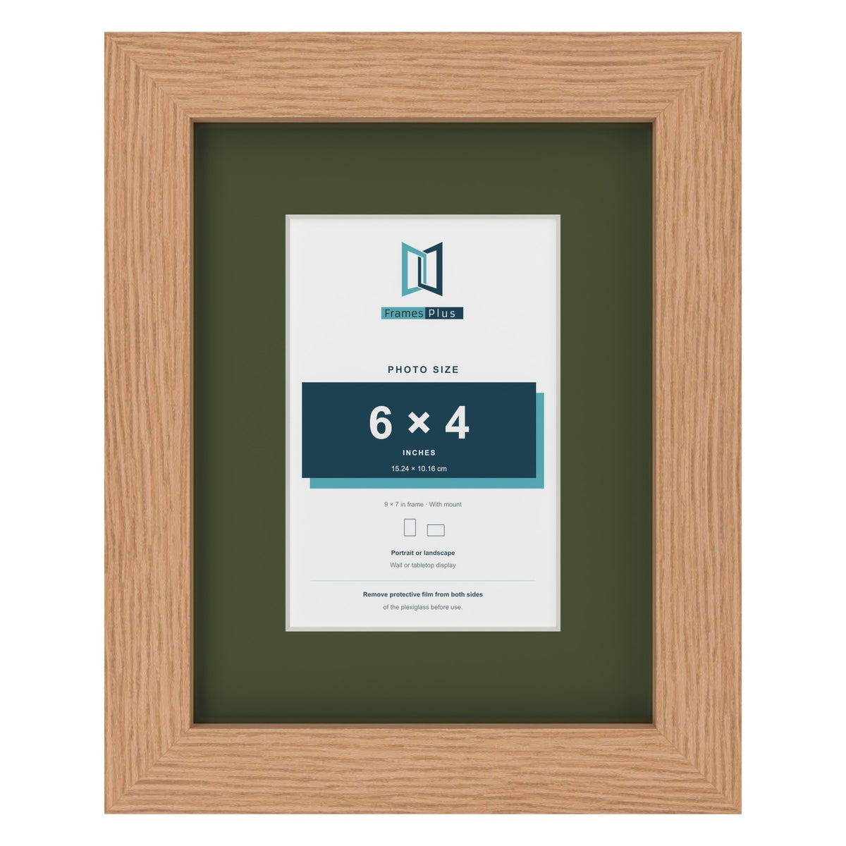 Oak 9 x 7 inch picture frame with a green mount for a 6 x 4 inch photo