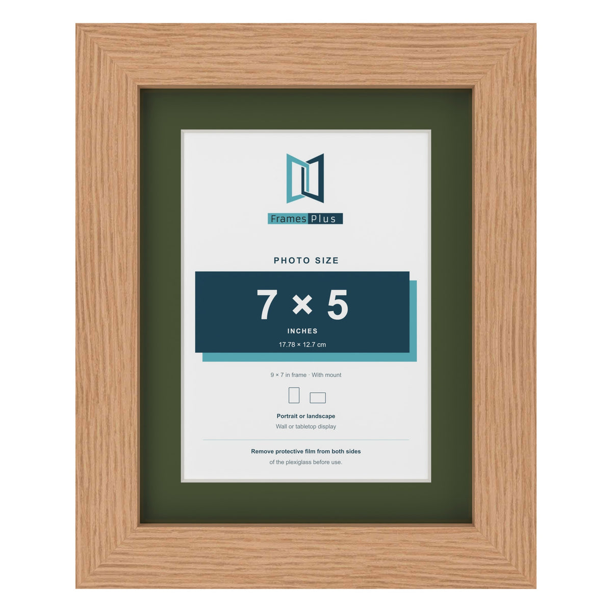 Oak 9 x 7 inch picture frame with a green mount for a 7 x 5 inch photo