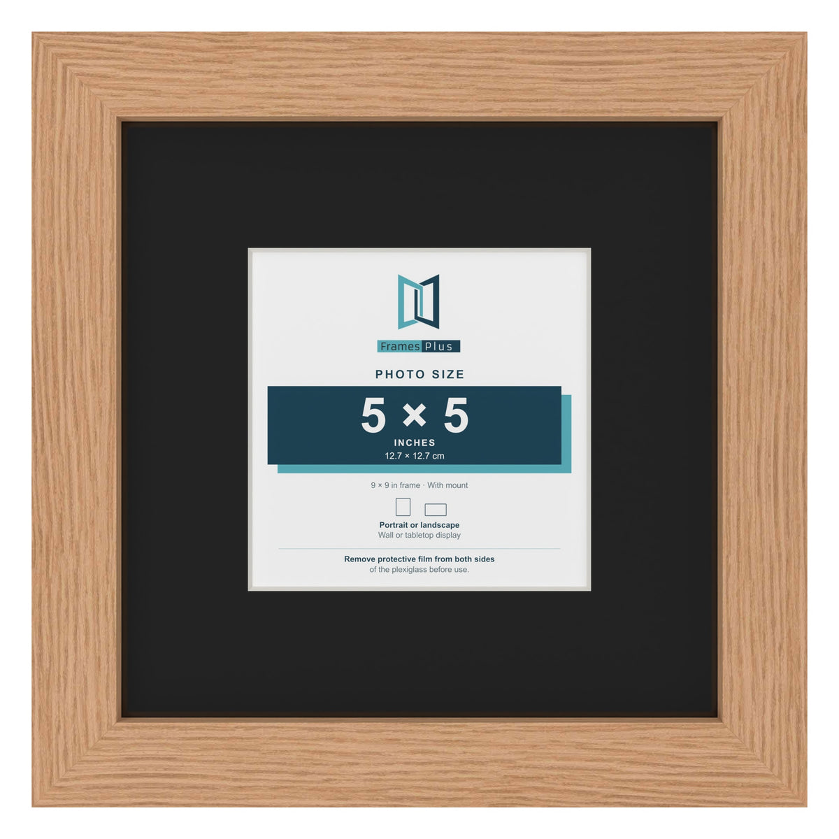 Oak 9 x 9 inch picture frame with a black mount for a 5 x 5 inch photo