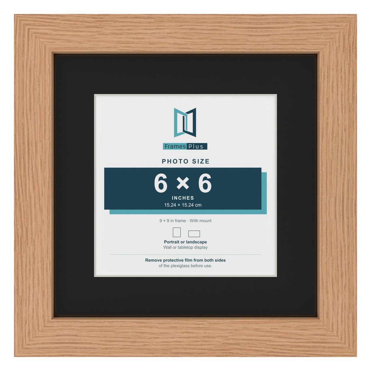 Oak 9 x 9 inch picture frame with a black mount for a 6 x 6 inch photo