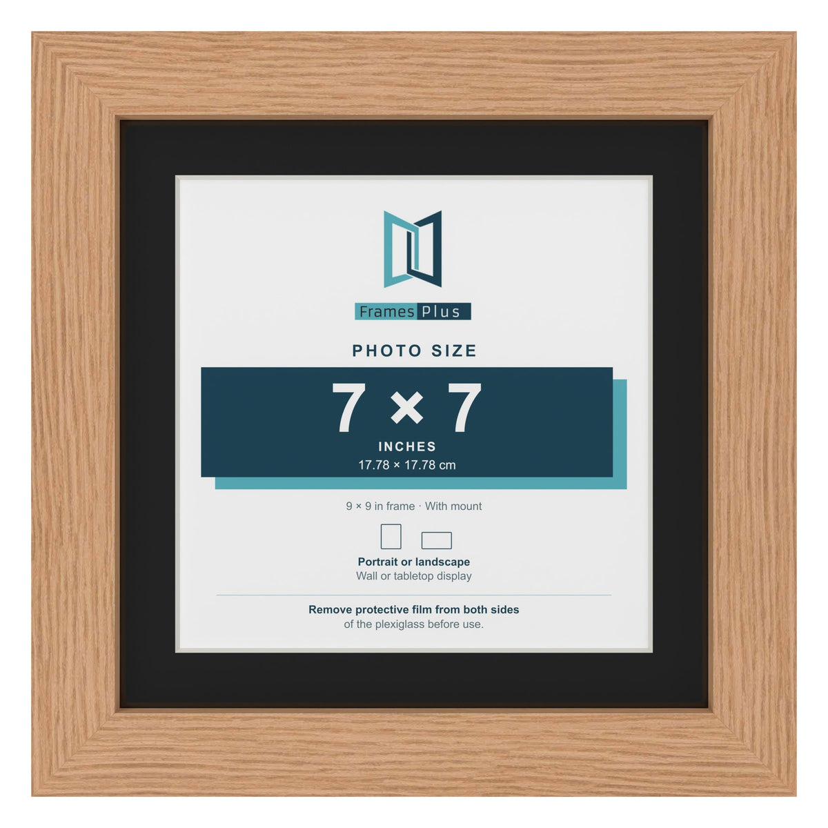 Oak 9 x 9 inch picture frame with a black mount for a 7 x 7 inch photo