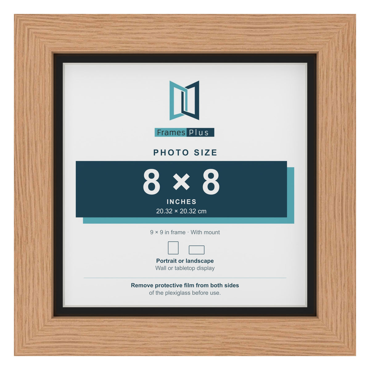 Oak 9 x 9 inch picture frame with a black mount for an 8 x 8 inch photo