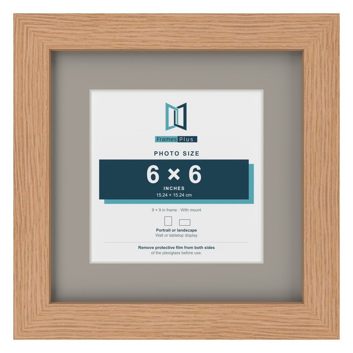 Oak 9 x 9 inch picture frame with a Dawn Grey mount for a 6 x 6 inch photo