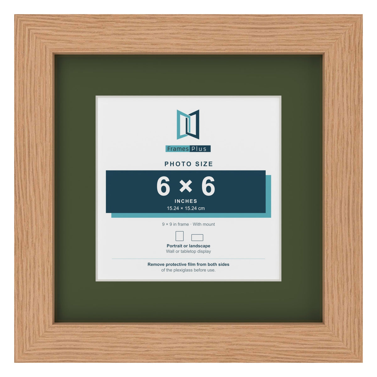 Oak 9 x 9 inch picture frame with a green mount for a 6 x 6 inch photo