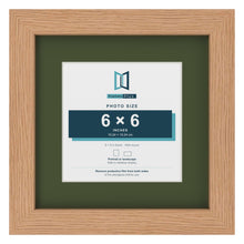 Oak 9 x 9 inch picture frame with a green mount for a 6 x 6 inch photo