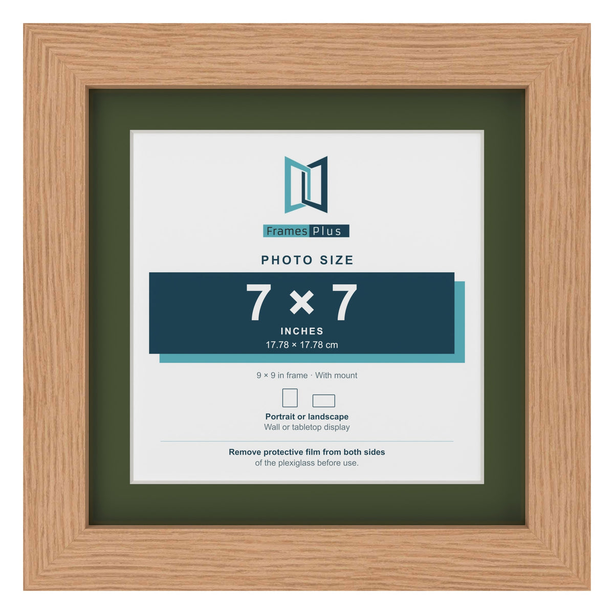 Oak 9 x 9 inch picture frame with a green mount for a 7 x 7 inch photo
