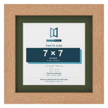 Oak 9 x 9 inch picture frame with a green mount for a 7 x 7 inch photo