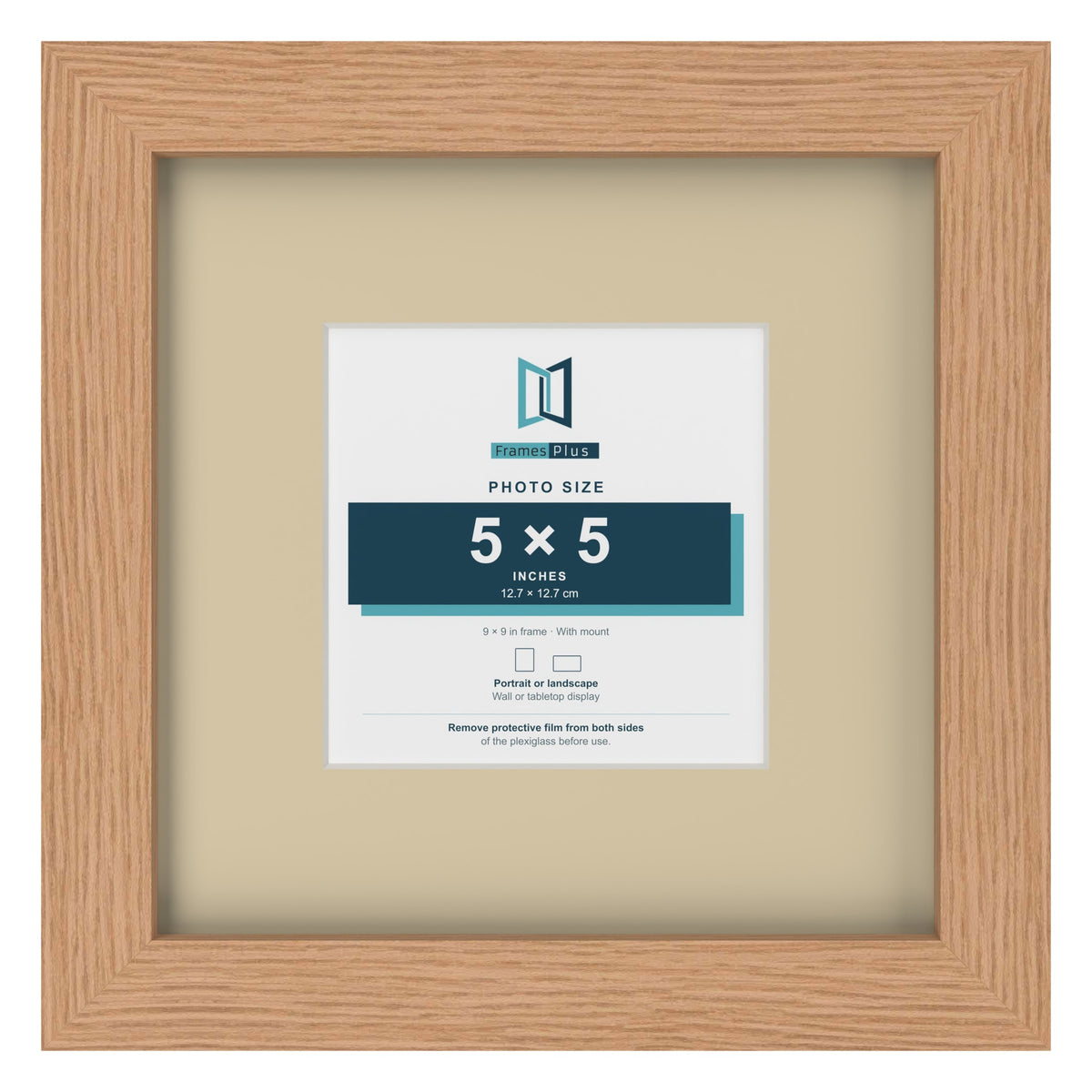 Oak 9 x 9 inch picture frame with an ivory mount for a 5 x 5 inch photo