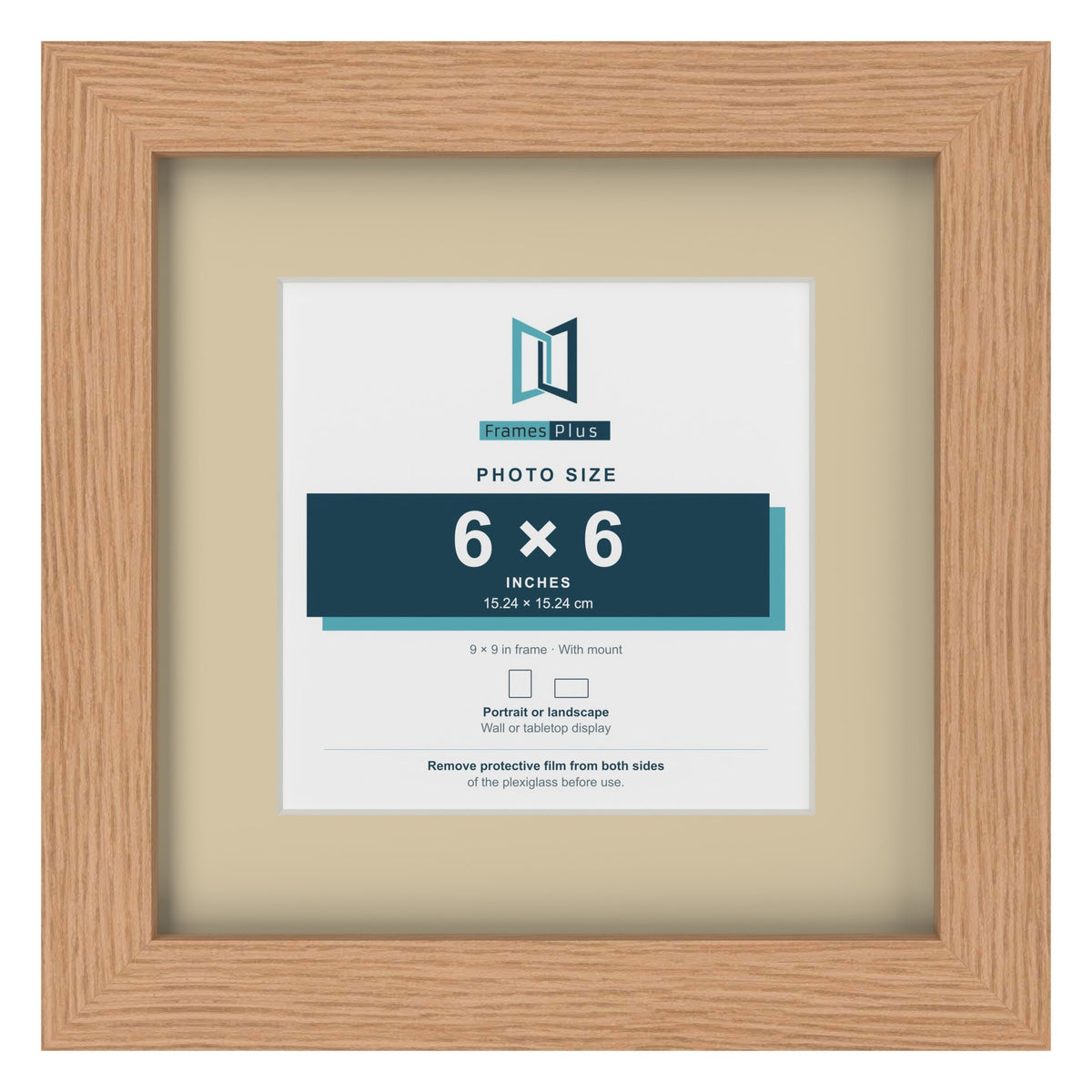 Oak 9 x 9 inch picture frame with an ivory mount for a 6 x 6 inch photo