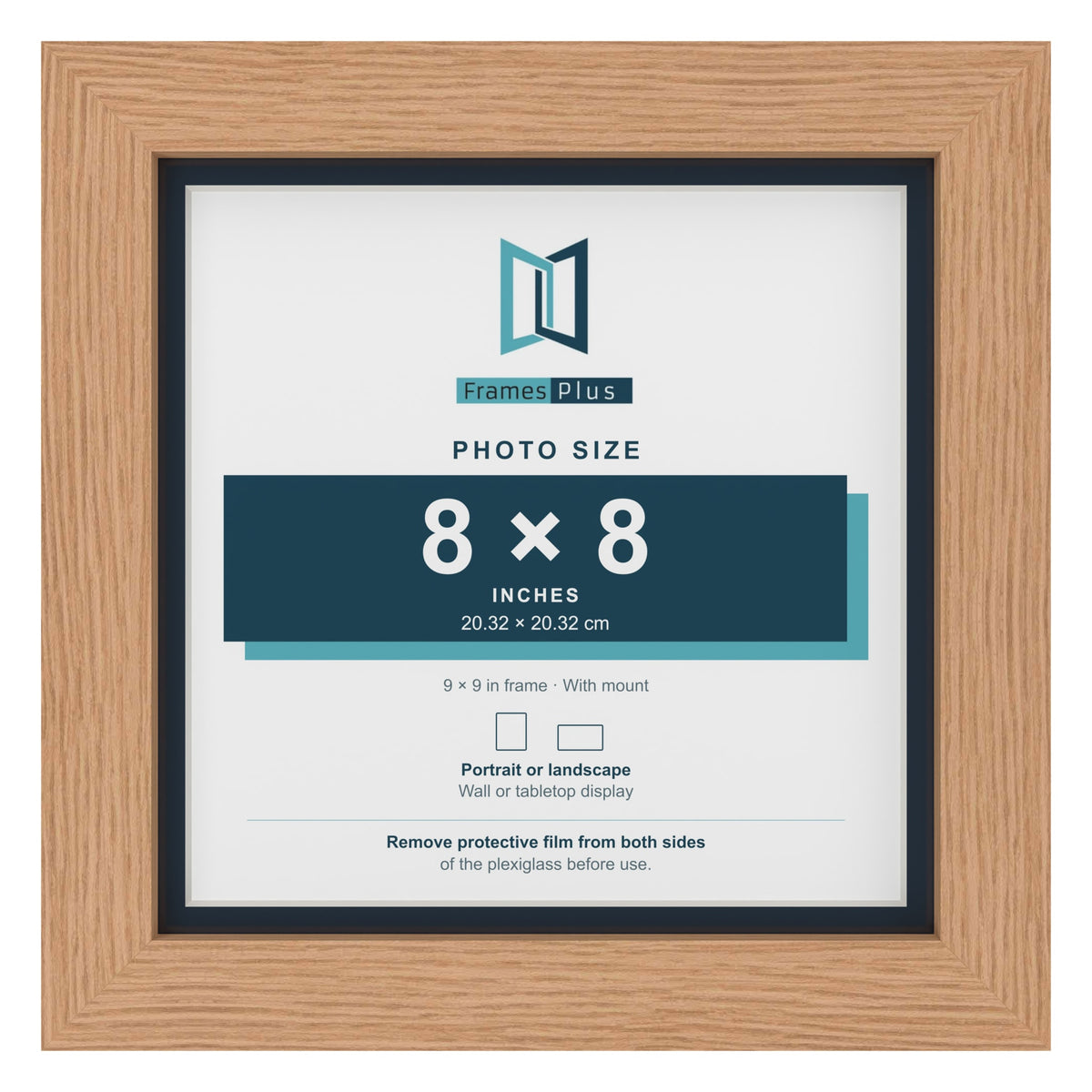 Oak 9 x 9 inch picture frame with a Pacific Blue mount for an 8 x 8 inch photo