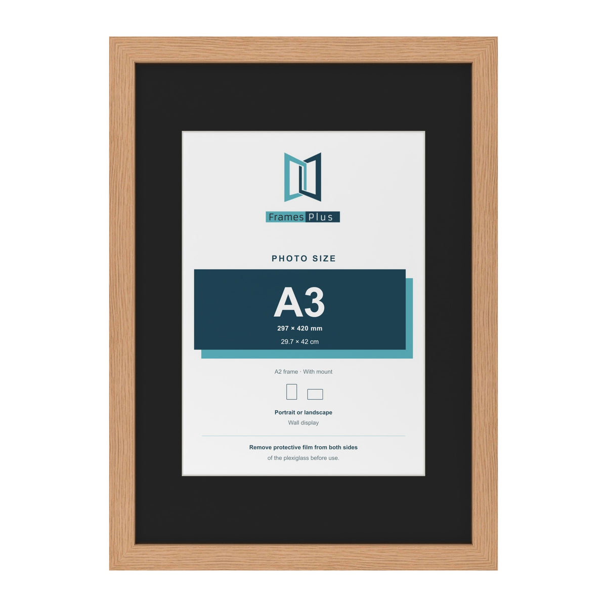 Oak A2 picture frame with a black mount for an A3 photo