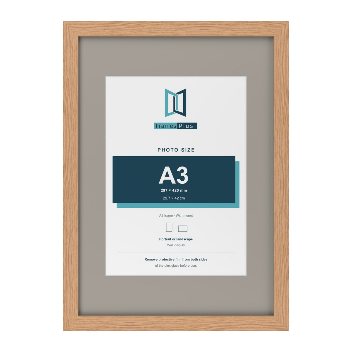 Oak A2 picture frame with a Dawn Grey mount for an A3 photo