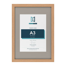 Oak A2 picture frame with a Dawn Grey mount for an A3 photo