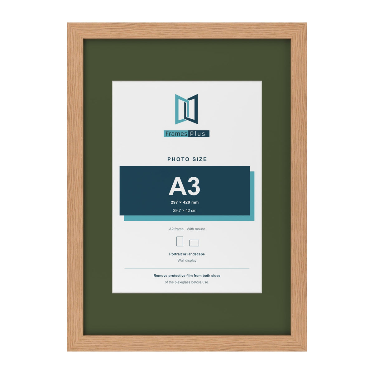 Oak A2 picture frame with a green mount for an A3 photo