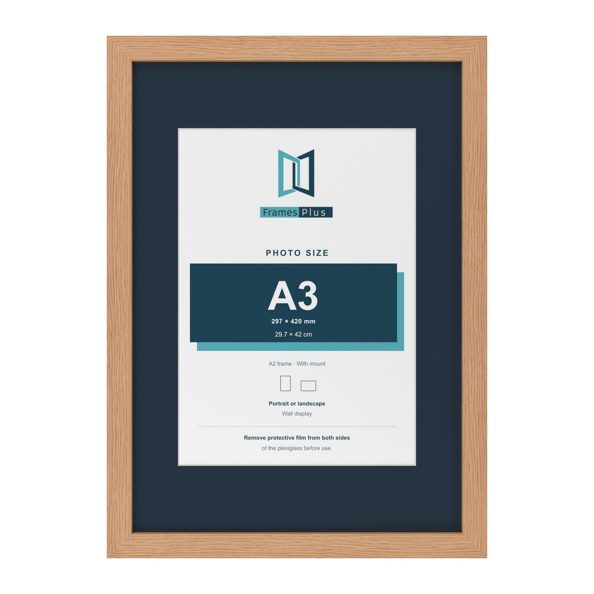 Oak A2 picture frame with a Pacific Blue mount for an A3 photo