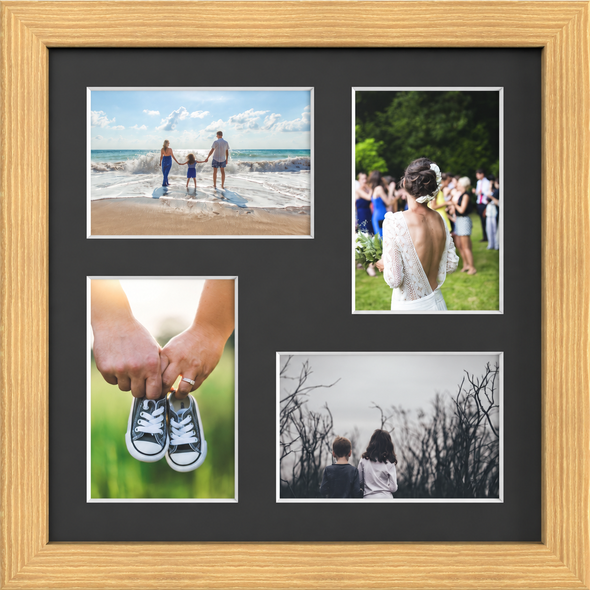 Pine Multi-Aperture Frame for 4 Photos 6x4" with Black Mount displaying photographs