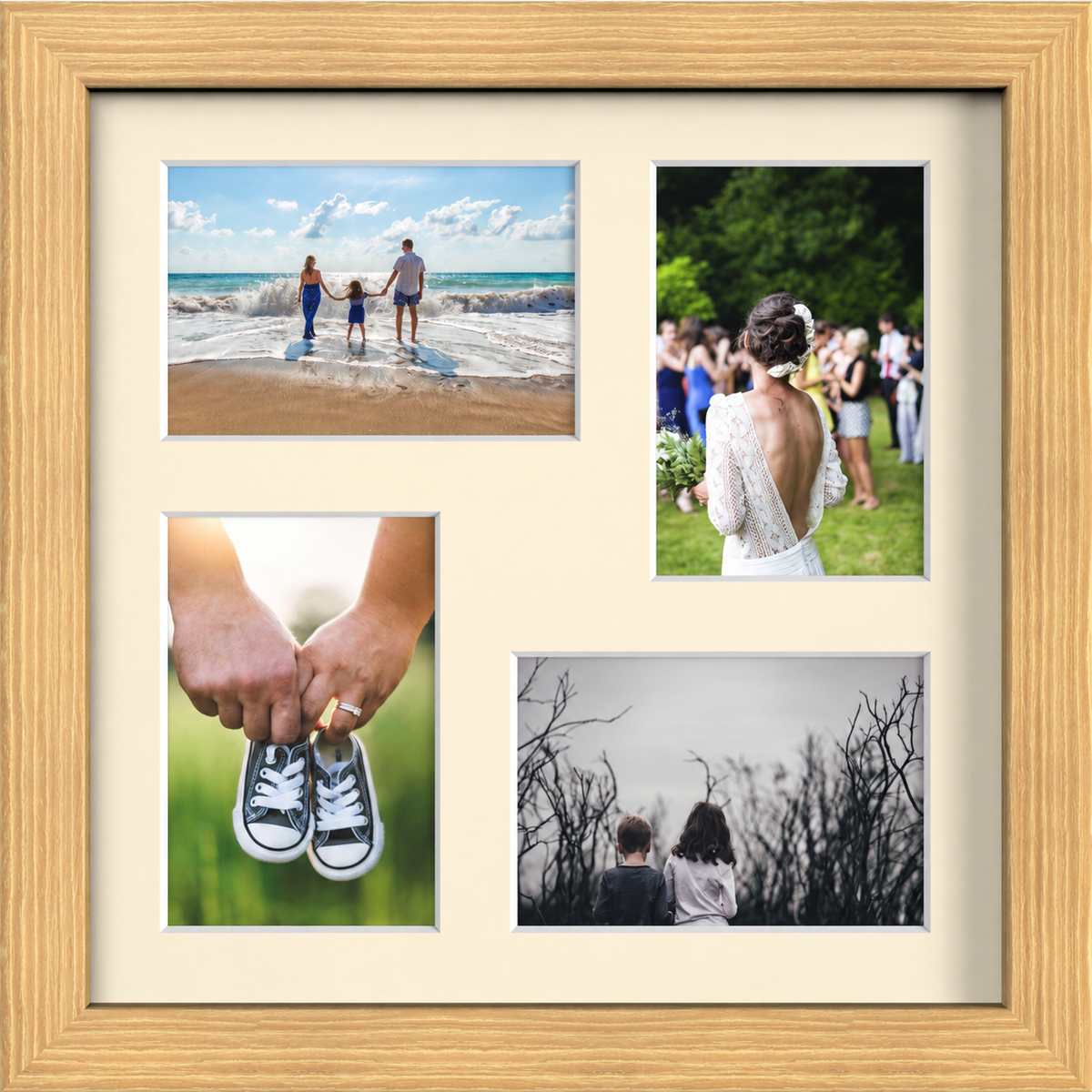 Pine Multi-Aperture Frame for 4 Photos 6x4" with Ivory Mount displaying photographs