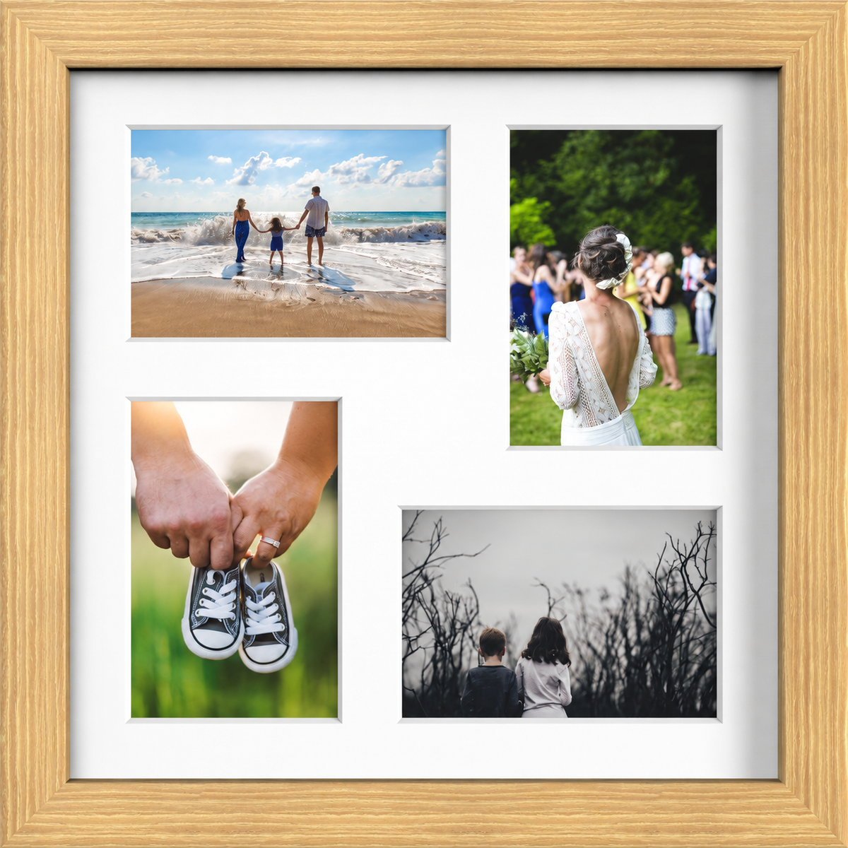 Pine Multi-Aperture Frame for 4 Photos 6x4" with White Mount displaying photographs