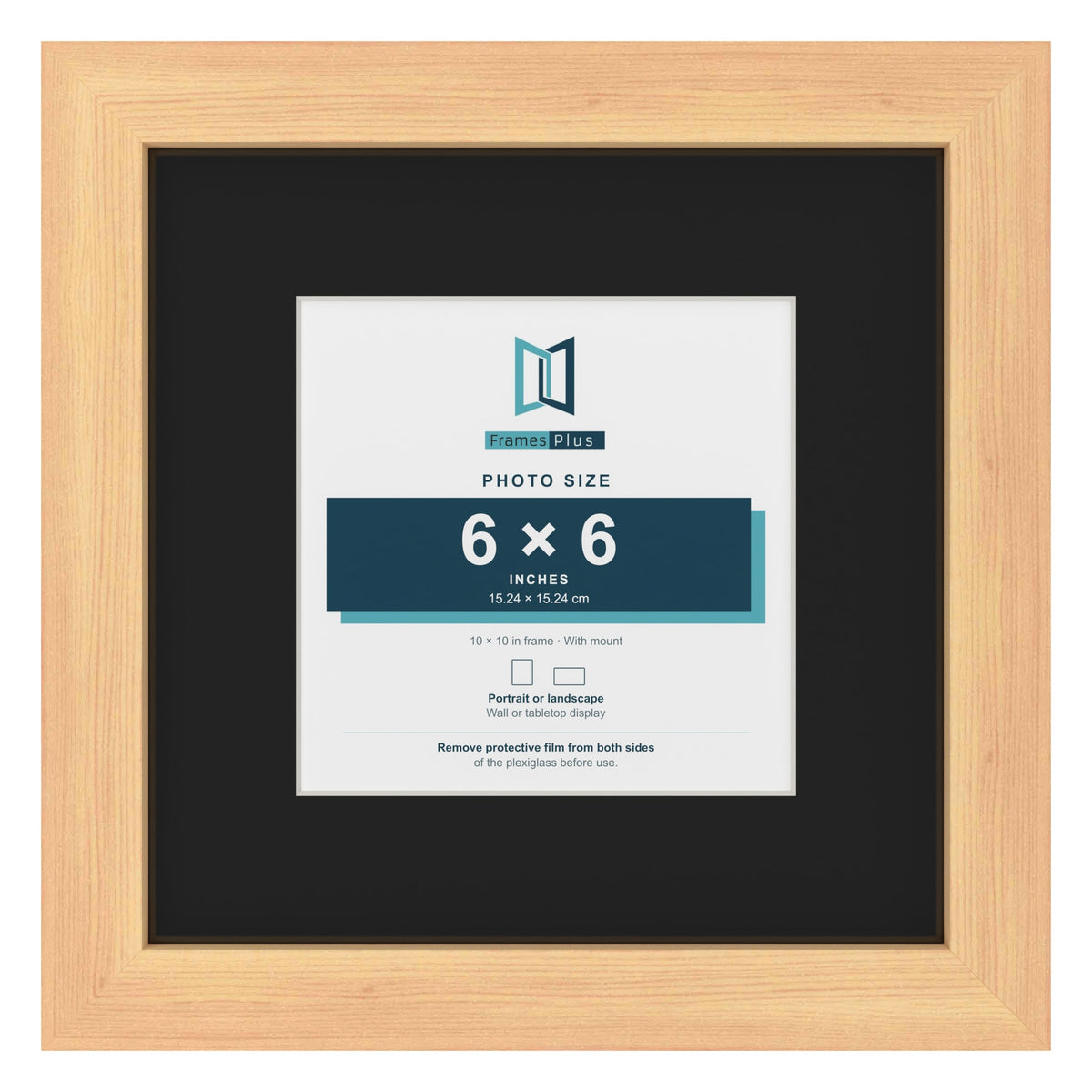 Pine 10 x 10 inch picture frame with a black mount for a 6 x 6 inch photo