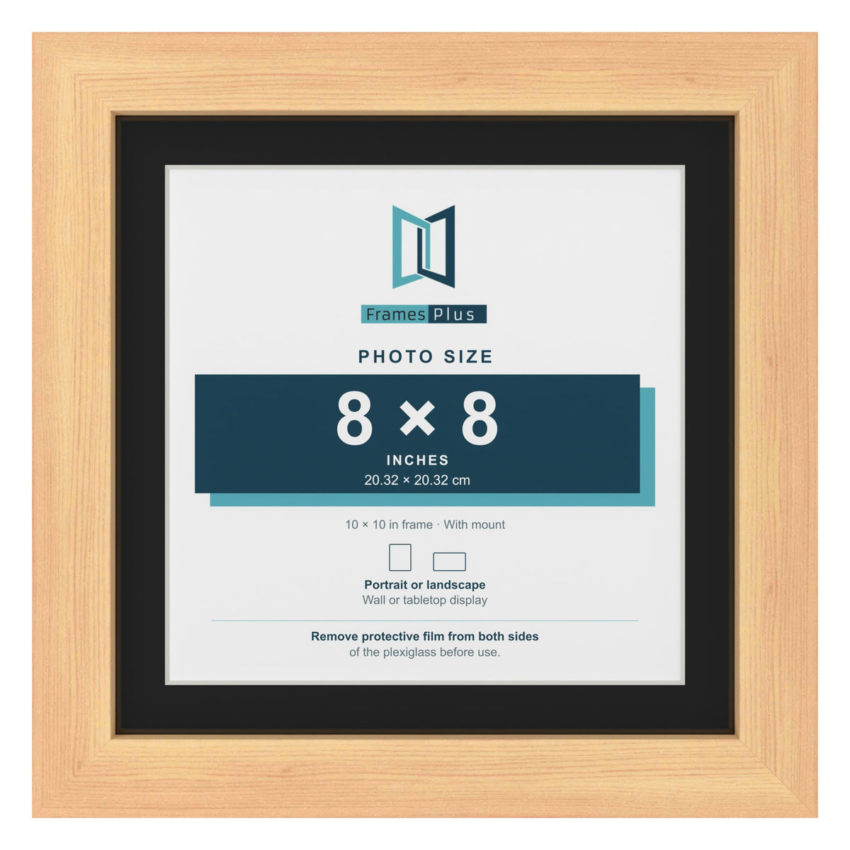 Pine 10 x 10 inch picture frame with a black mount for an 8 x 8 inch photo