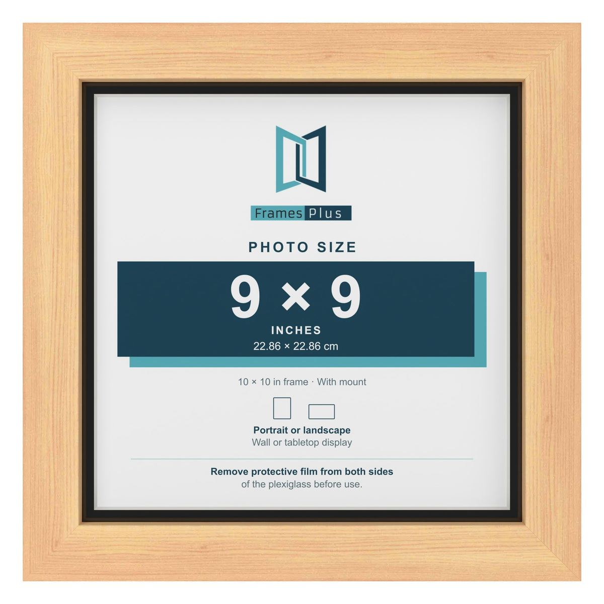 Pine 10 x 10 inch picture frame with a black mount for a 9 x 9 inch photo