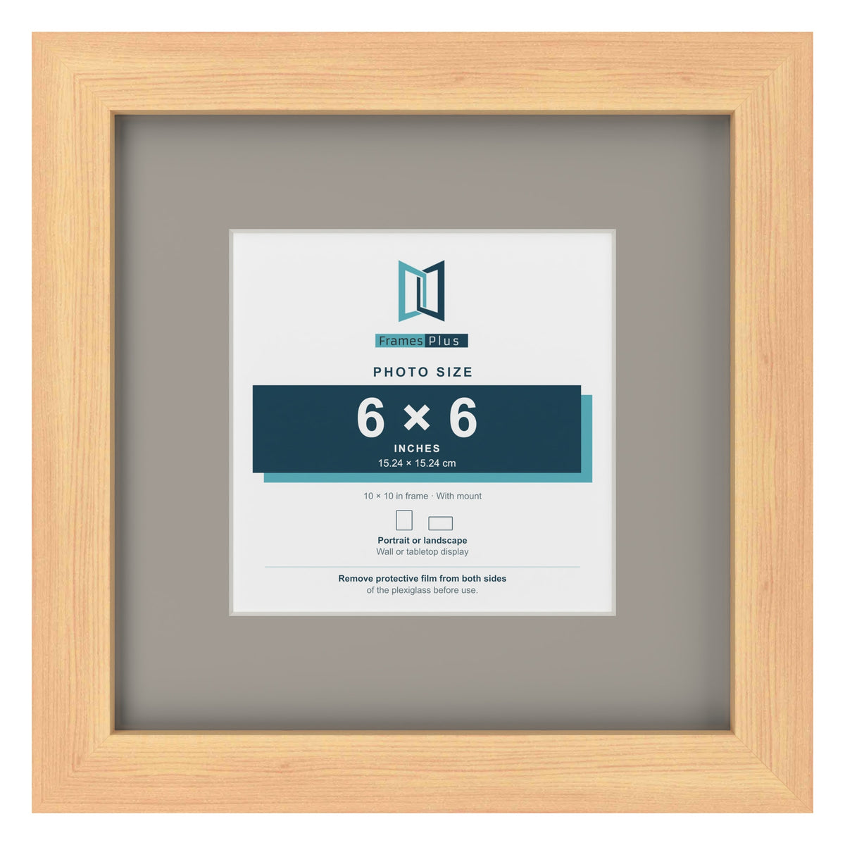 Pine 10 x 10 inch picture frame with a Dawn Grey mount for a 6 x 6 inch photo
