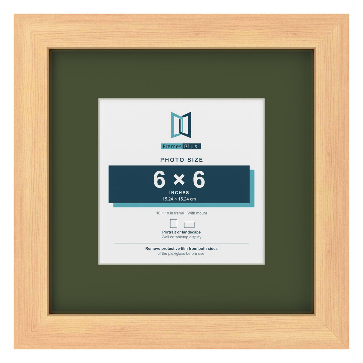 Pine 10 x 10 inch picture frame with a green mount for a 6 x 6 inch photo