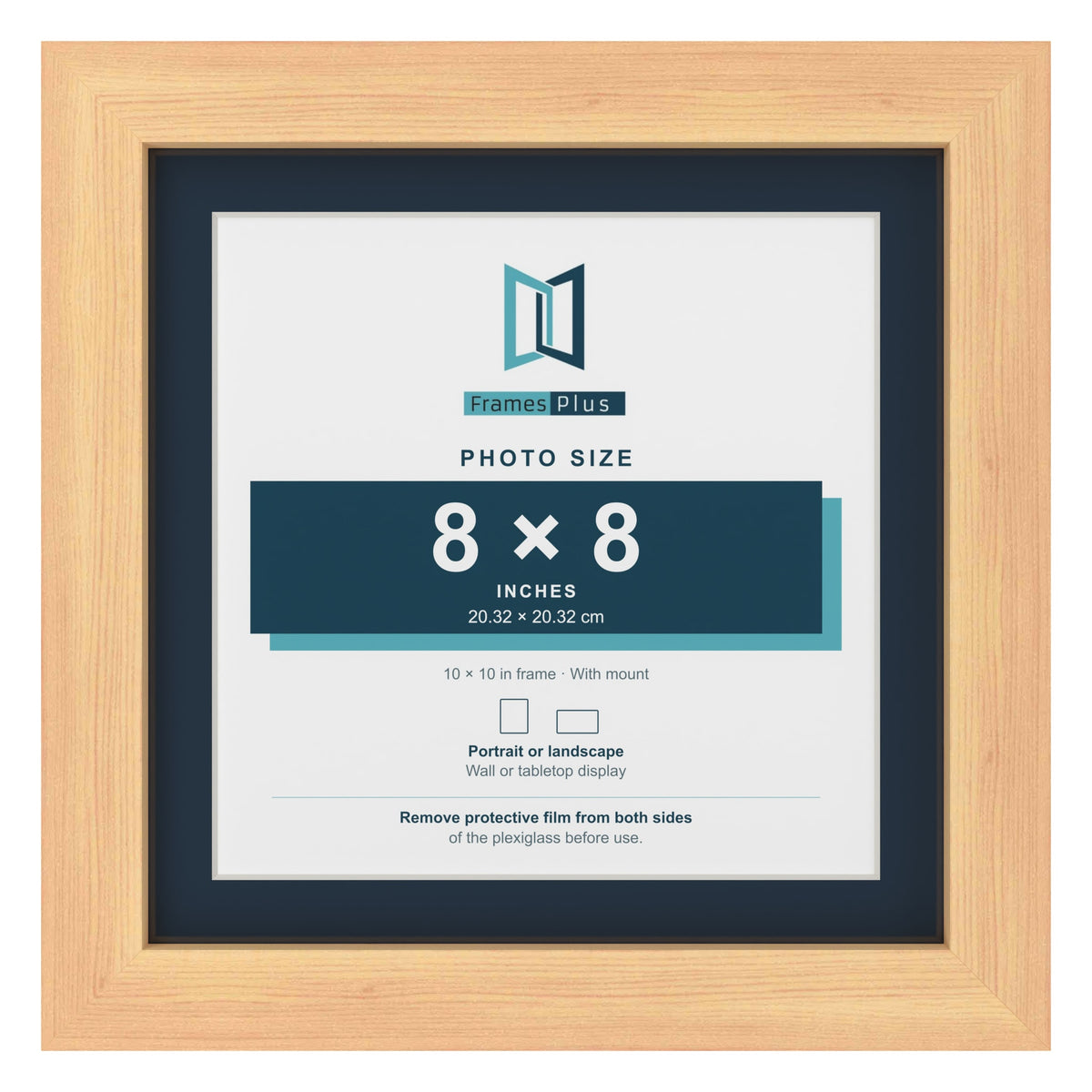 Pine 10 x 10 inch picture frame with a Pacific Blue mount for an 8 x 8 inch photo
