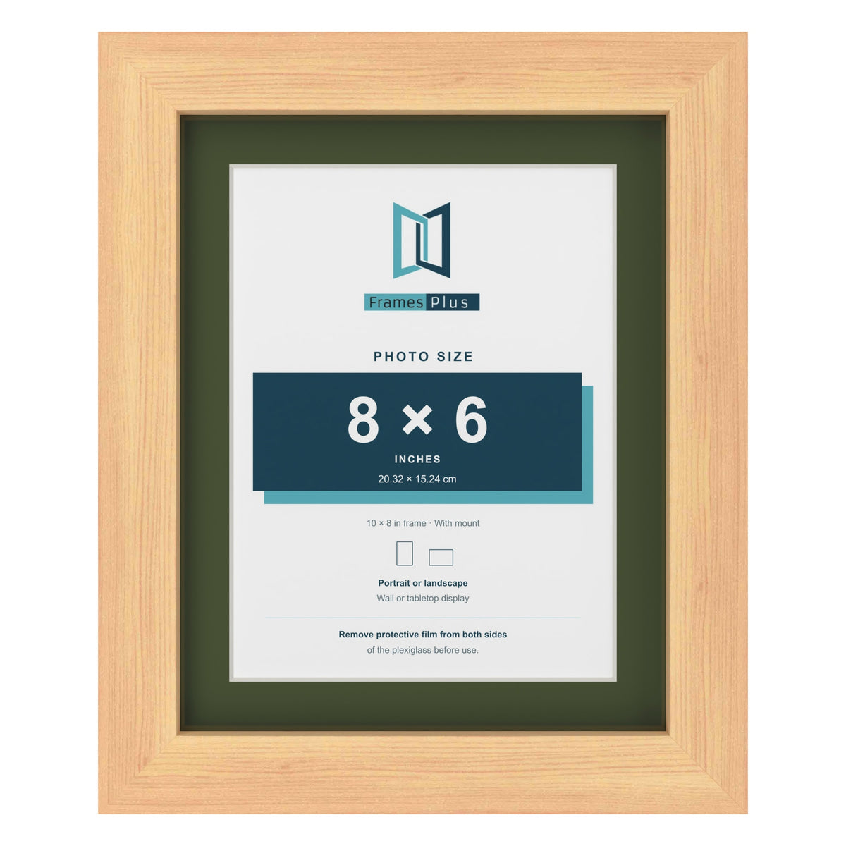 Pine 10 x 8 inch picture frame with a green mount for an 8 x 6 inch photo