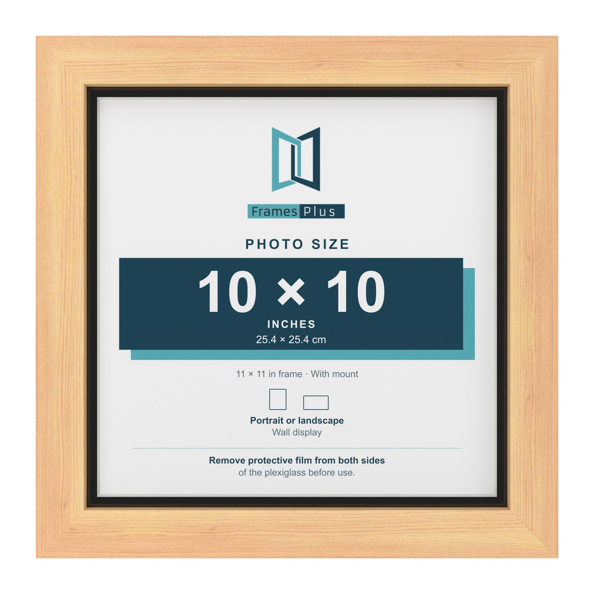 Pine 11 x 11 inch picture frame with a black mount for a 10 x 10 inch photo