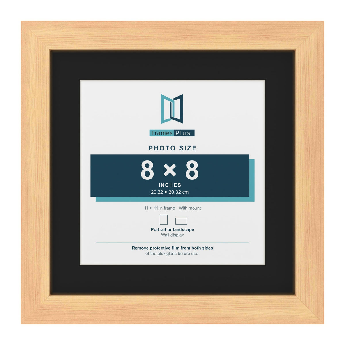 Pine 11 x 11 inch picture frame with a black mount for an 8 x 8 inch photo