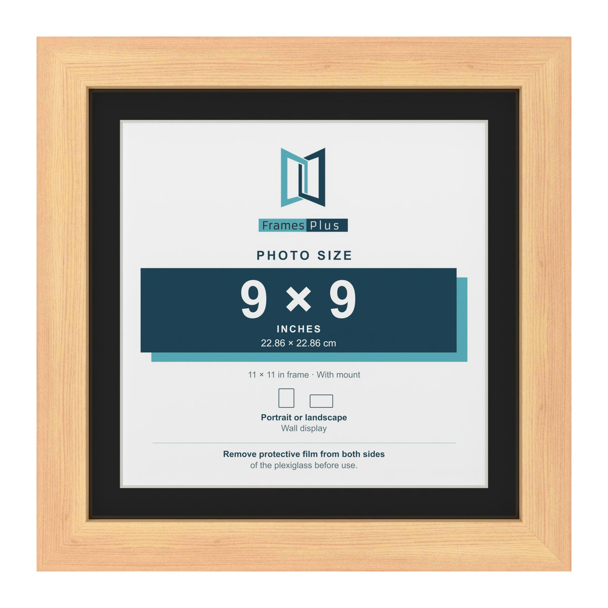 Pine 11 x 11 inch picture frame with a black mount for a 9 x 9 inch photo