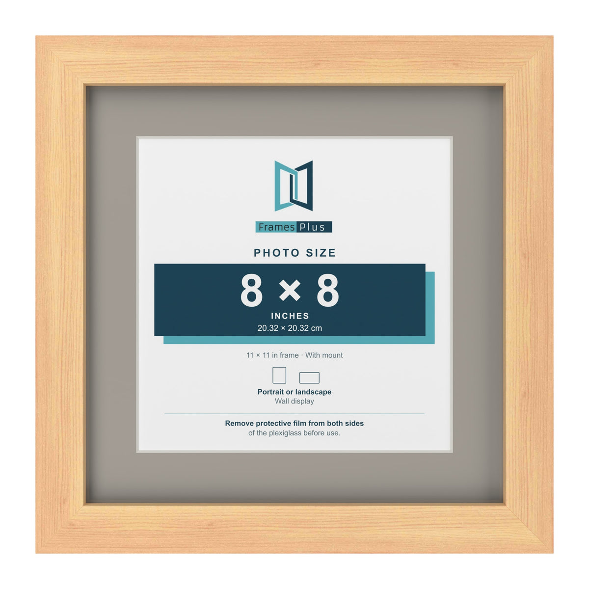 Pine 11 x 11 inch picture frame with a Dawn Grey mount for an 8 x 8 inch photo