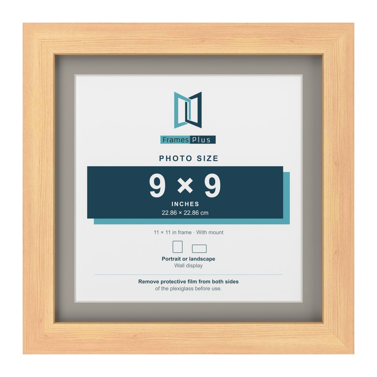 Pine 11 x 11 inch picture frame with a Dawn Grey mount for a 9 x 9 inch photo