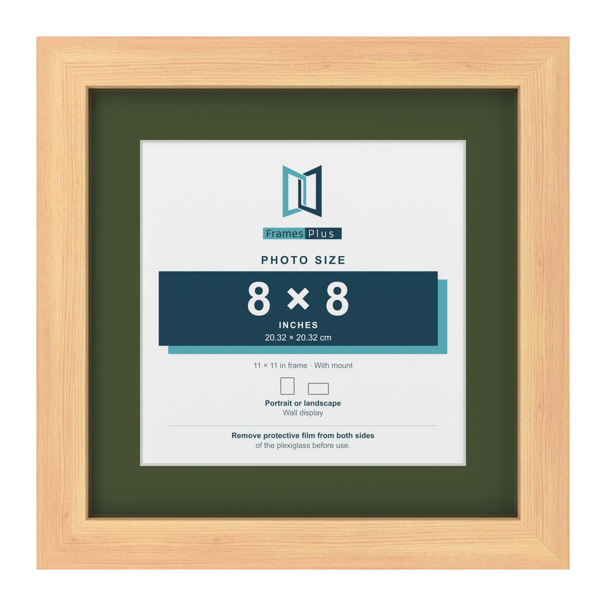 Pine 11 x 11 inch picture frame with a green mount for an 8 x 8 inch photo
