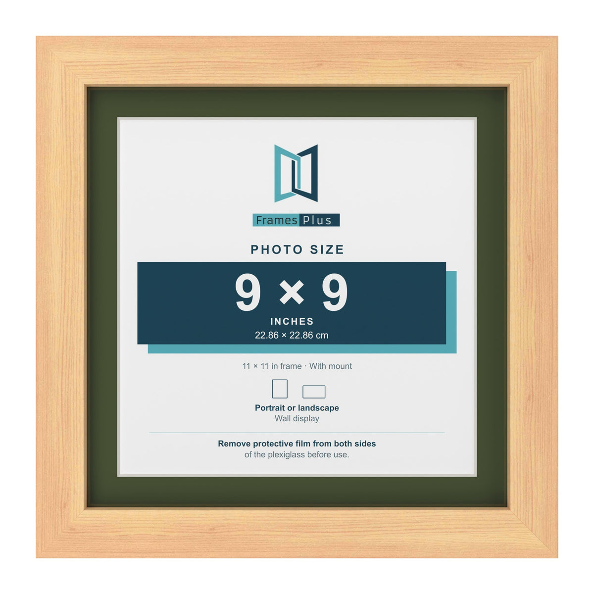 Pine 11 x 11 inch picture frame with a green mount for a 9 x 9 inch photo