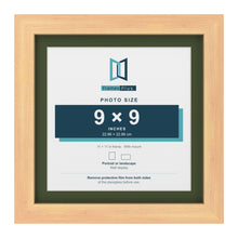 Pine 11 x 11 inch picture frame with a green mount for a 9 x 9 inch photo