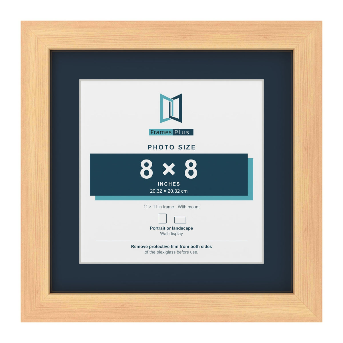 Pine 11 x 11 inch picture frame with a Pacific Blue mount for an 8 x 8 inch photo