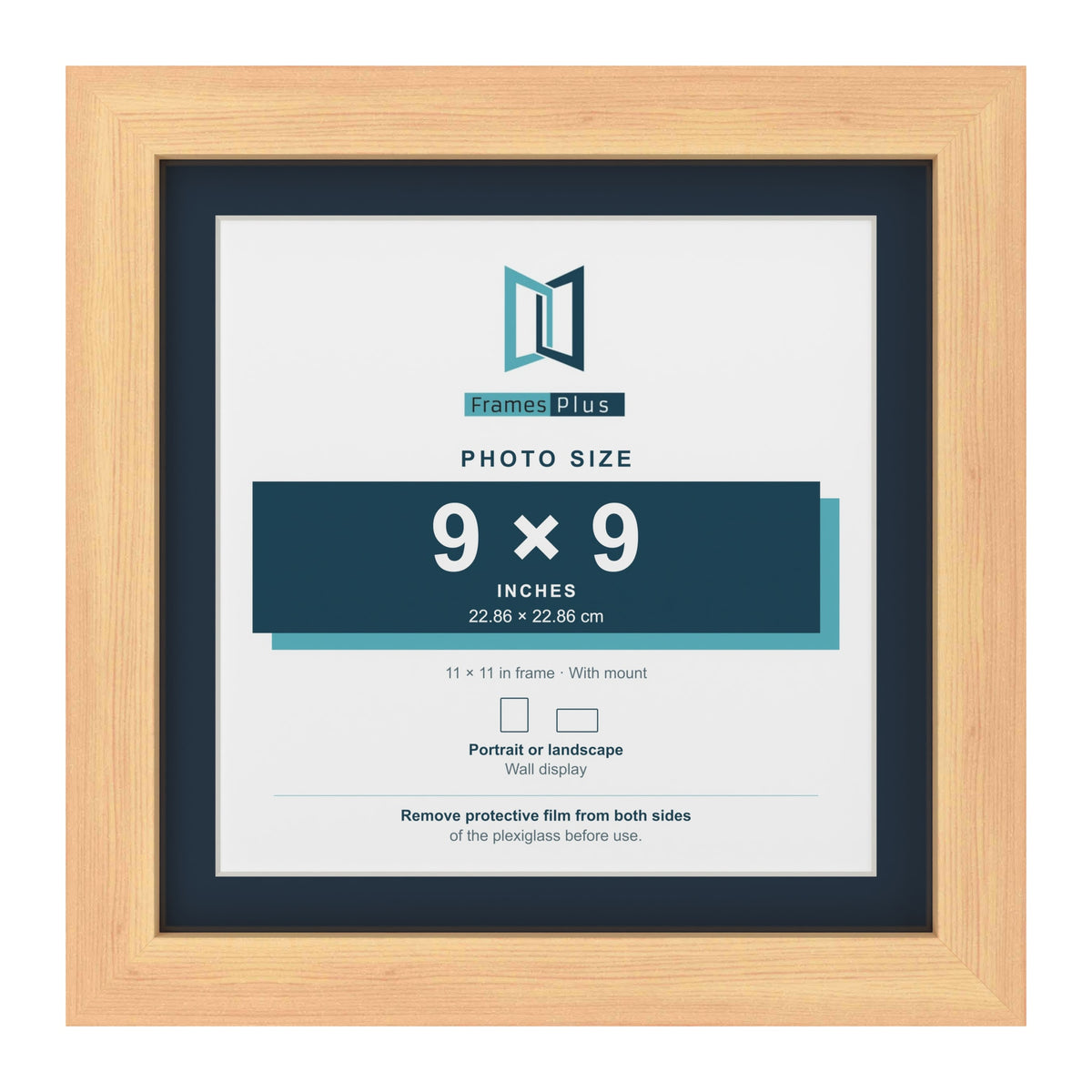 Pine 11 x 11 inch picture frame with a Pacific Blue mount for a 9 x 9 inch photo
