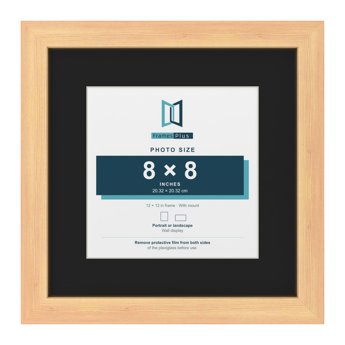 Pine 12 x 12 inch picture frame with a black mount for an 8 x 8 inch photo