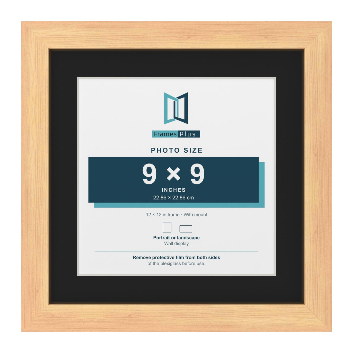 Pine 12 x 12 inch picture frame with a black mount for a 9 x 9 inch photo