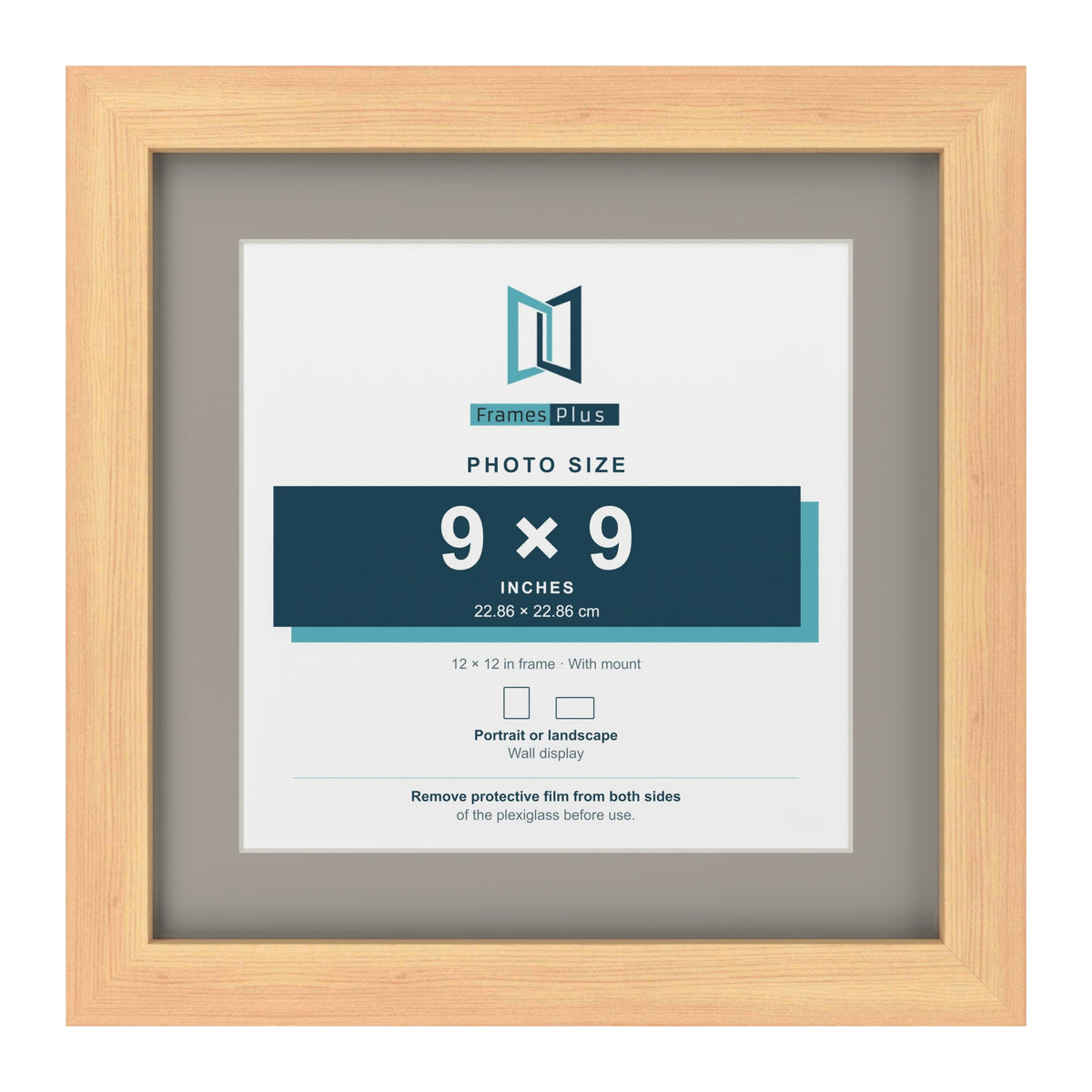 Pine 12 x 12 inch picture frame with a Dawn Grey mount for a 9 x 9 inch photo