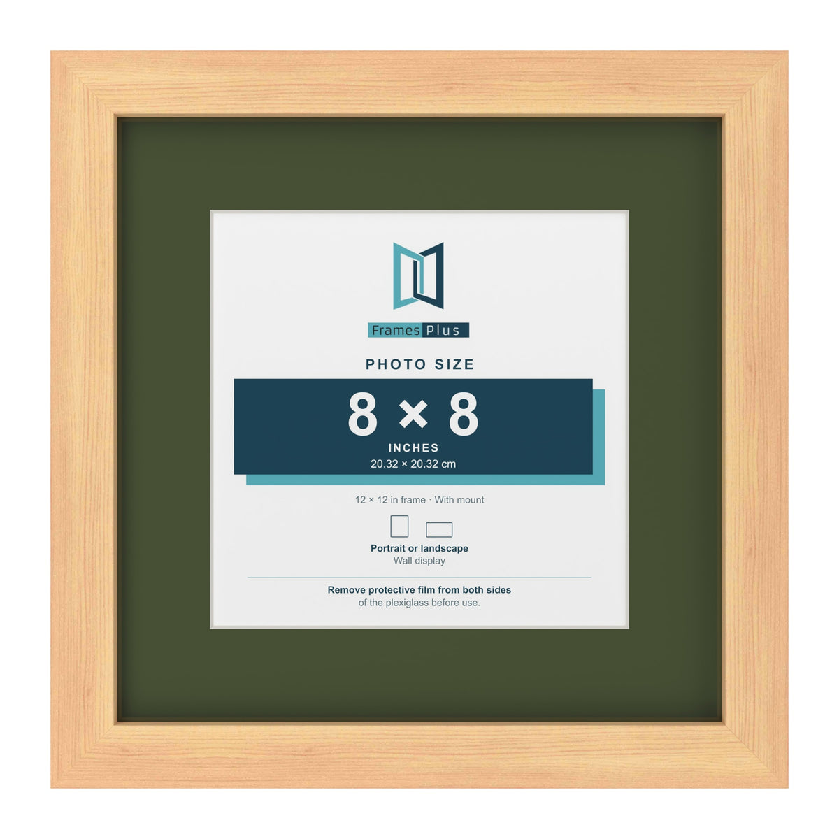 Pine 12 x 12 inch picture frame with a green mount for an 8 x 8 inch photo