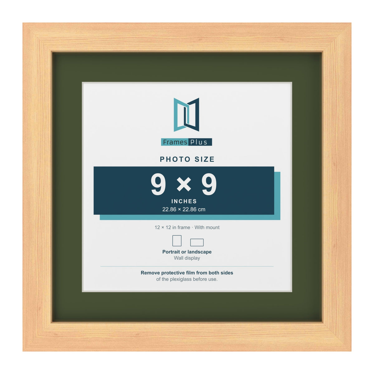 Pine 12 x 12 inch picture frame with a green mount for a 9 x 9 inch photo
