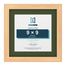 Pine 12 x 12 inch picture frame with a green mount for a 9 x 9 inch photo
