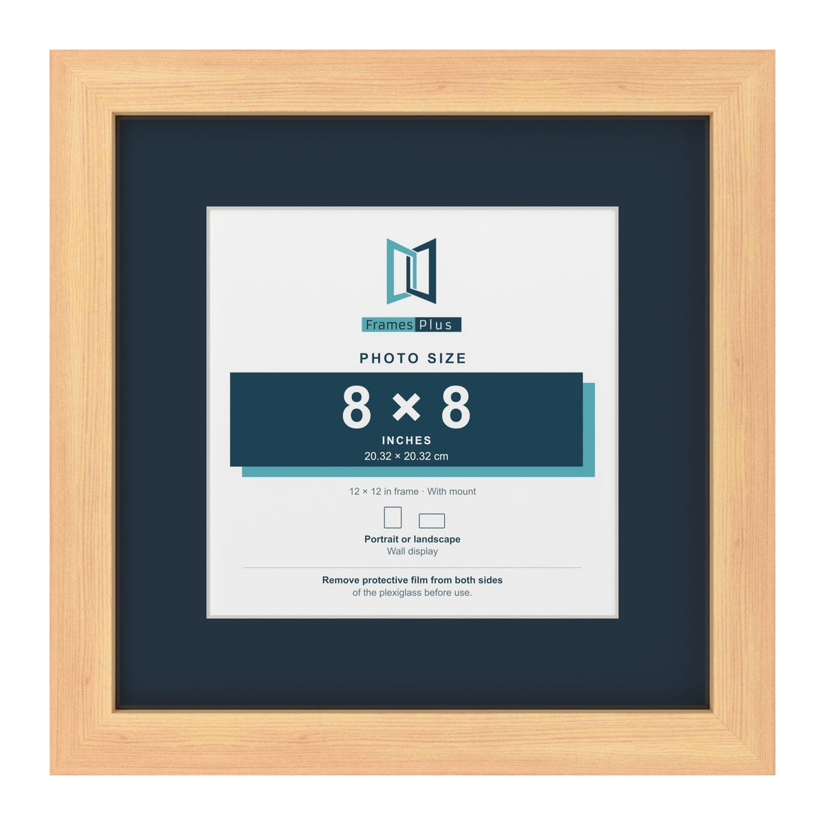 Pine 12 x 12 inch picture frame with a Pacific Blue mount for an 8 x 8 inch photo