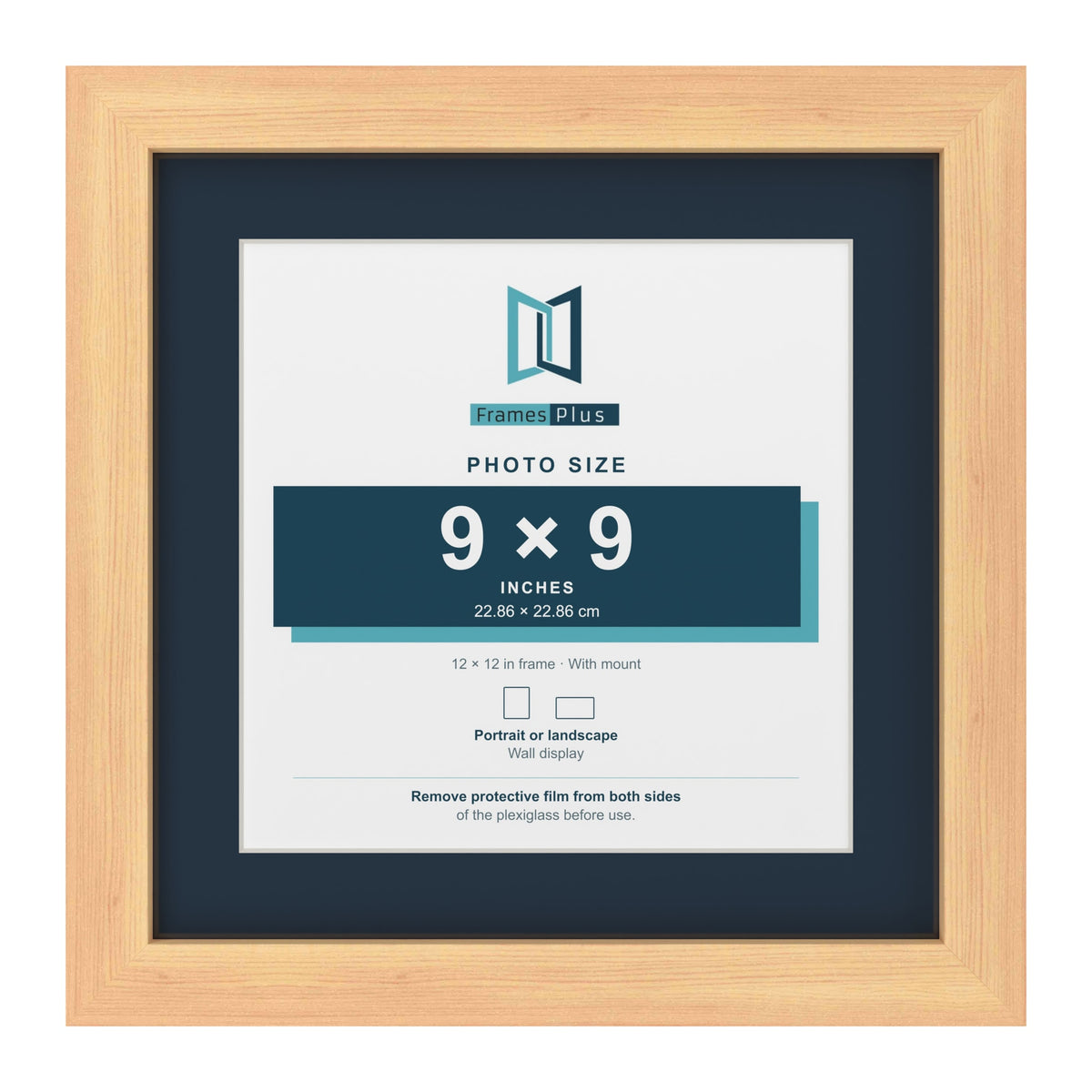 Pine 12 x 12 inch picture frame with a Pacific Blue mount for a 9 x 9 inch photo