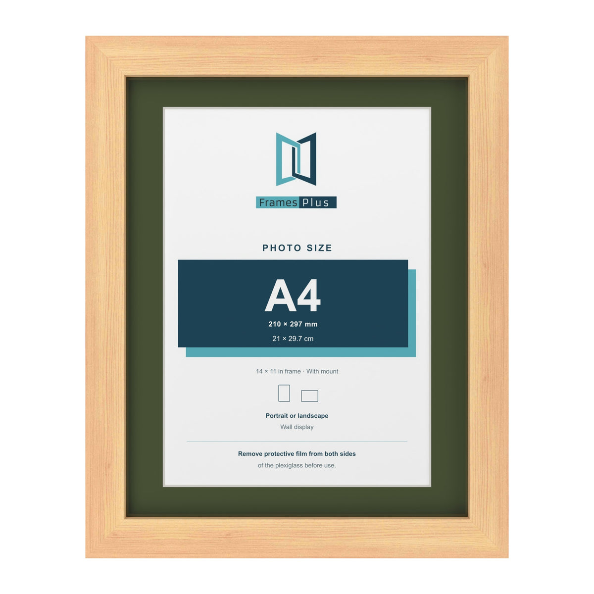 Pine 14 x 11 inch picture frame with a green mount for an A4 photo